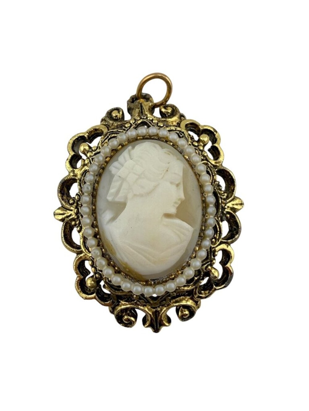 Vintage Gold Filigree Cameo Pendant With Pearls & Cream Lady Profile